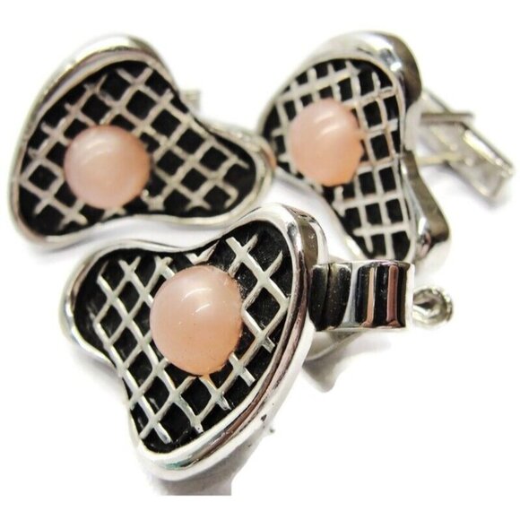 Pink Black & Silver-Tone Cufflinks & Clasp Checkered Set Tux Shirt Suit Vtg - Picture 1 of 8